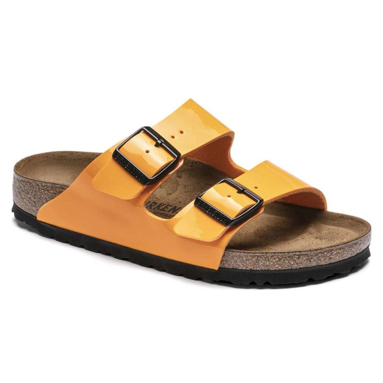 Birkenstock Arizona Birko-Flor Patent Two Strap Sandals Gold | X1MUcuCyP1l