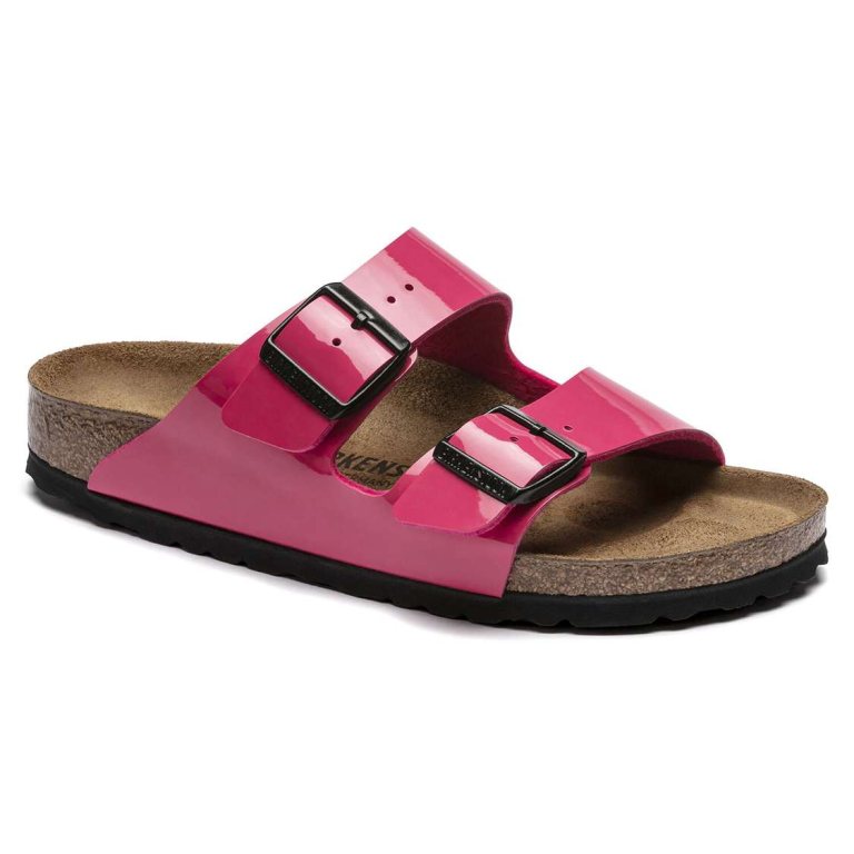 Birkenstock Arizona Birko-Flor Patent Two Strap Sandals Fuchsia | otxnKGsvHZH