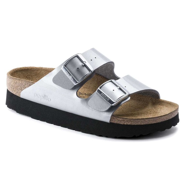 Birkenstock Arizona Platform Birko-Flor Platforms Sandals Silver | RJviSdtNHTi