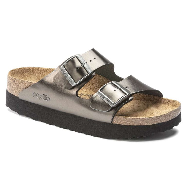 Birkenstock Arizona Platform Leather Two Strap Sandals Dark Grey | yfxGYzgH9en