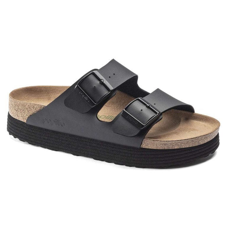 Birkenstock Arizona Platform Vegan Birko-Flor Two Strap Sandals Black | LPlyn1UHyOi