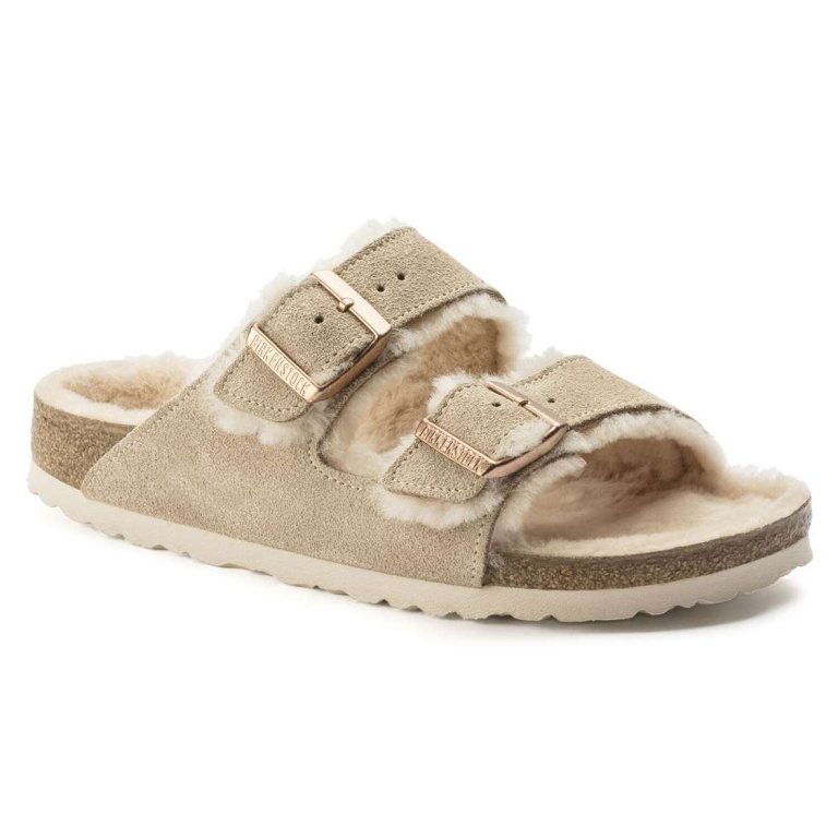 Birkenstock Arizona Shearling Suede Leather Two Strap Sandals Yellow | 5AwjI8ex1aw