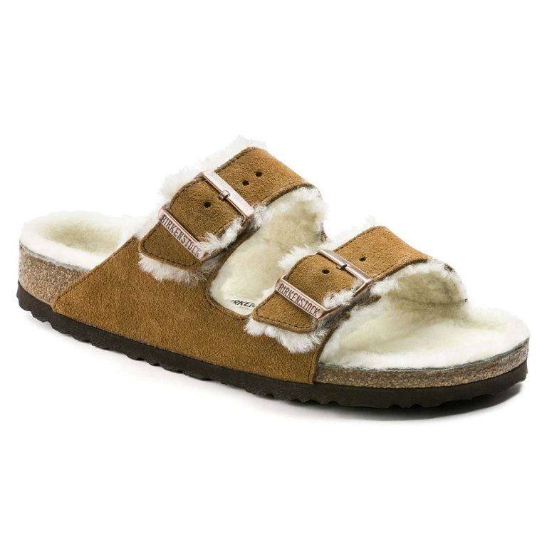 Birkenstock Arizona Shearling Suede Leather Two Strap Sandals Yellow | 63evrSRay7T