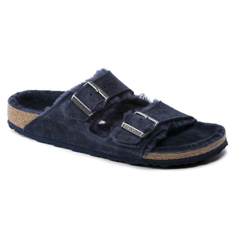 Birkenstock Arizona Shearling Suede Leather Two Strap Sandals Blue | UHXgV6ncxJx