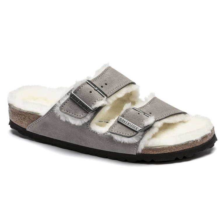 Birkenstock Arizona Shearling Suede Leather Two Strap Sandals Grey | VacayVhfuEV