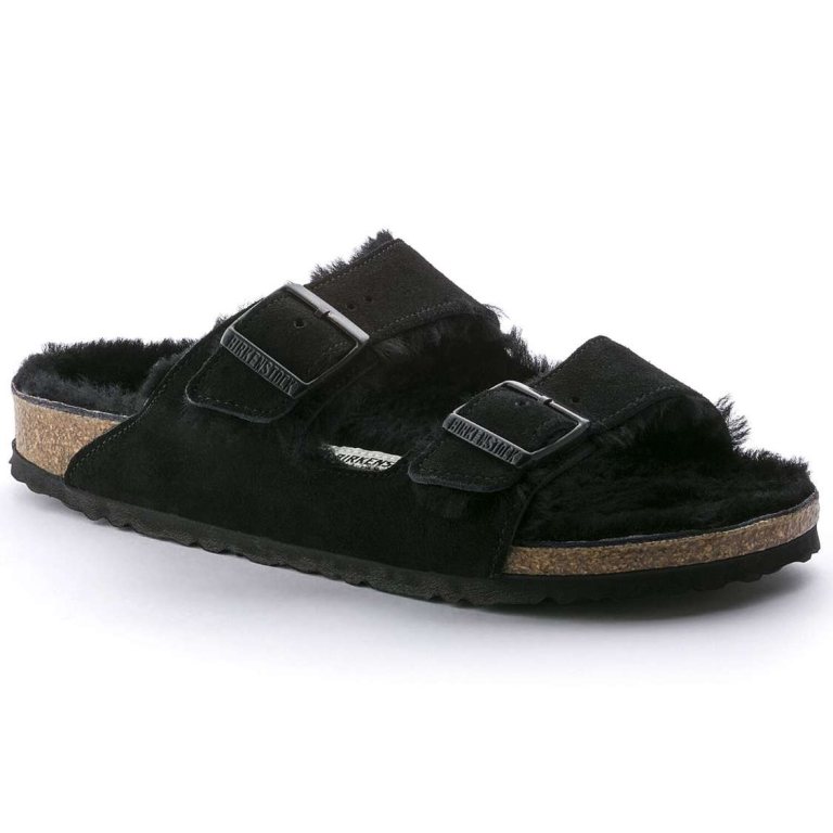 Birkenstock Arizona Shearling Suede Leather Two Strap Sandals Black | tl162GHIFvb