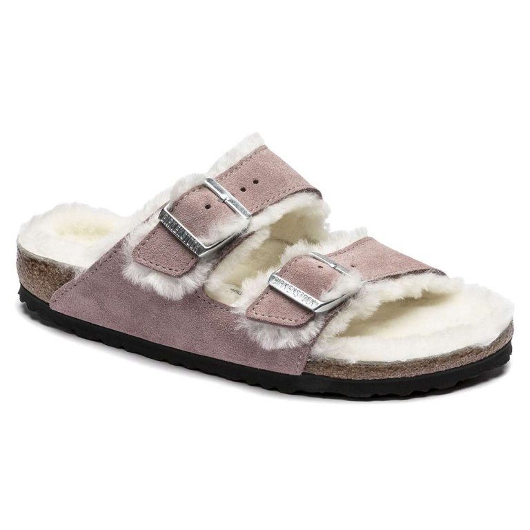 Birkenstock Arizona Shearling Suede Leather Two Strap Sandals Lavender | xTgfG8Zv5Gb