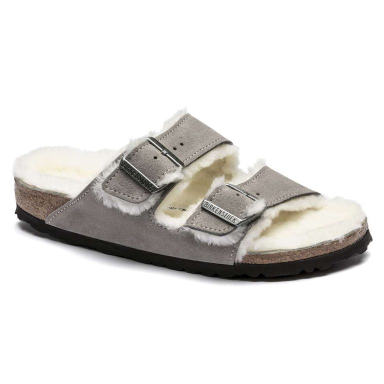 Birkenstock Arizona Shearling Suede Leather Two Strap Sandals Grey | yVyxcSYEE3a