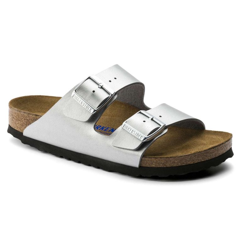 Birkenstock Arizona Soft Footbed Birko-Flor Two Strap Sandals Silver | e2w1Jpcxafv