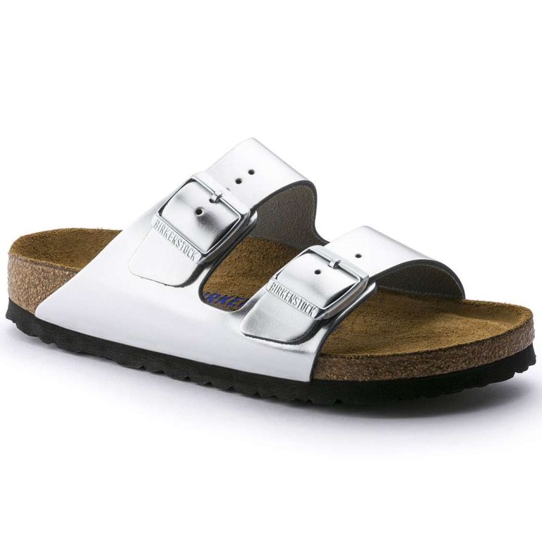 Birkenstock Arizona Soft Footbed Leather Two Strap Sandals Silver | 5IRbt69BZAG