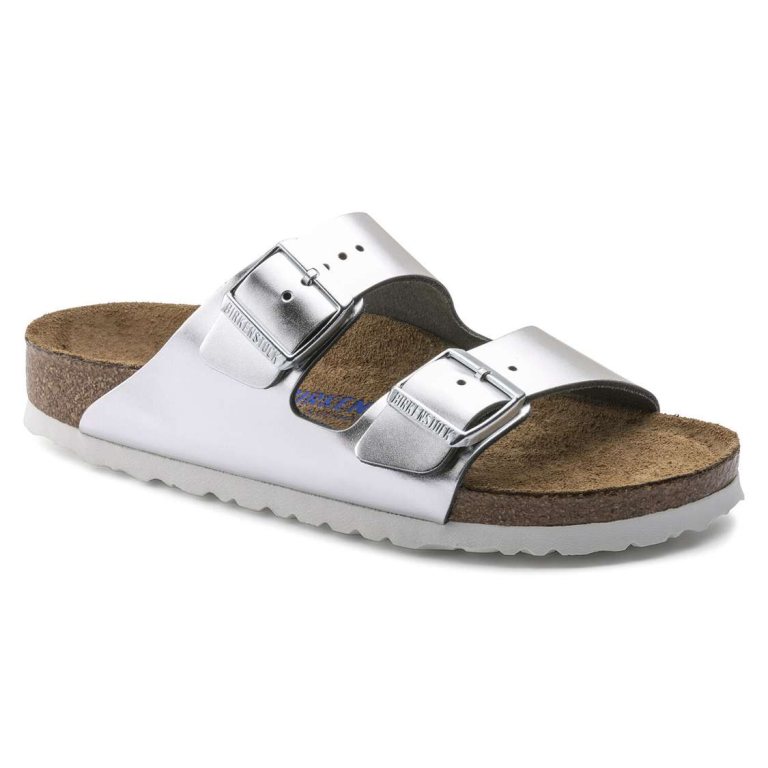 Birkenstock Arizona Soft Footbed Leather Two Strap Sandals Silver | ViZeKc3T4fi