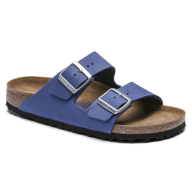 Birkenstock Arizona Soft Footbed Nubuck Leather Two Strap Sandals AZURE Blue | SYQBpywmJLD