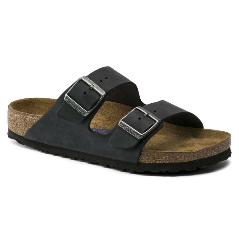 Birkenstock Arizona Soft Footbed Oiled Nubuck Leather Two Strap Sandals Black | BtZluT5jMLd