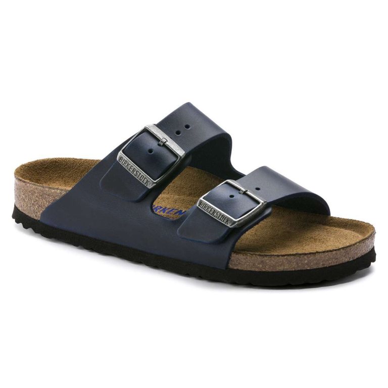 Birkenstock Arizona Soft Footbed Oiled Nubuck Leather Two Strap Sandals Blue | DMIuYLJyram