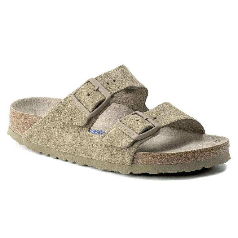 Birkenstock Arizona Soft Footbed Suede Leather Two Strap Sandals Khaki | VSDM6Cq6usA