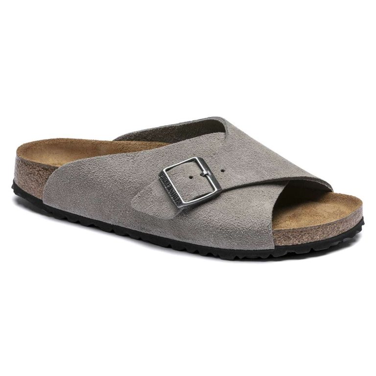 Birkenstock Arosa Soft Footbed Suede Leather Two Strap Sandals Grey | Fls2umciyfB