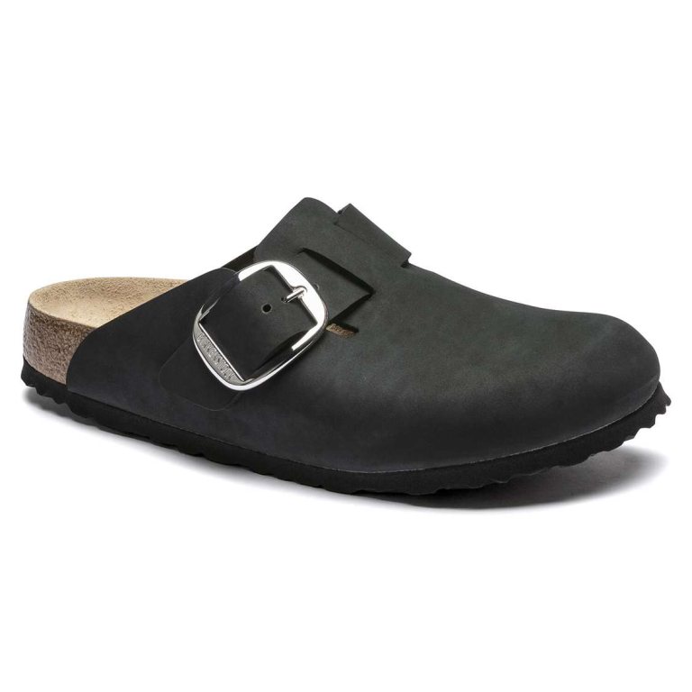 Birkenstock Boston Big Buckle Nubuck Leather Clogs Black | kbtSmDqzSAl