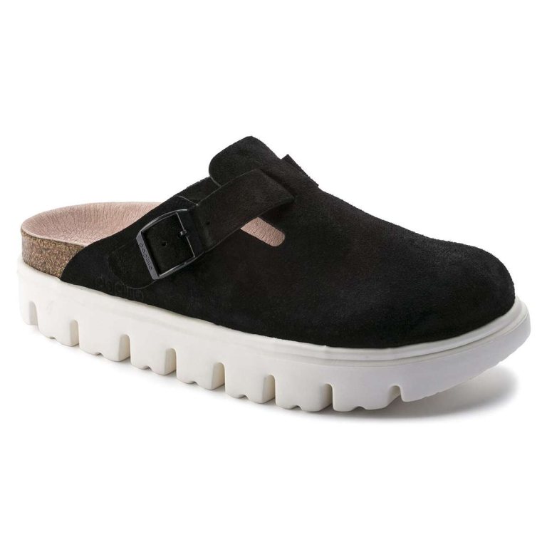 Birkenstock Boston Papillio Suede Leather Wedges Sandals Black | IEX8uAU4JrO