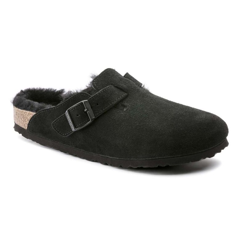 Birkenstock Boston Shearling Suede Leather Clogs Black | 27UQILJoL4K