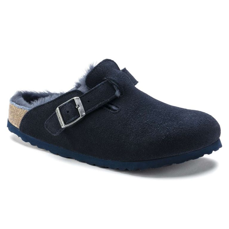 Birkenstock Boston Shearling Suede Leather Clogs Blue | shboLqpTSGM