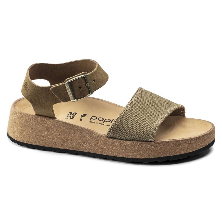 Birkenstock Glenda Suede Leather/Textile Two Strap Sandals Khaki | D6geYSLRgTF