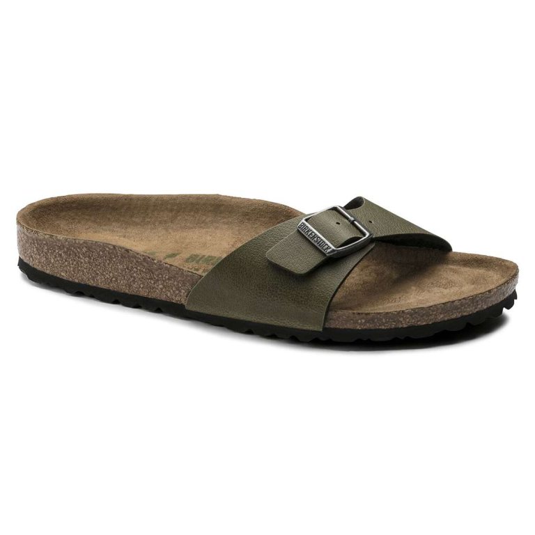 Birkenstock Madrid Vegan Birko-Flor One Strap Sandals Olive | x8wWkTt9AQW