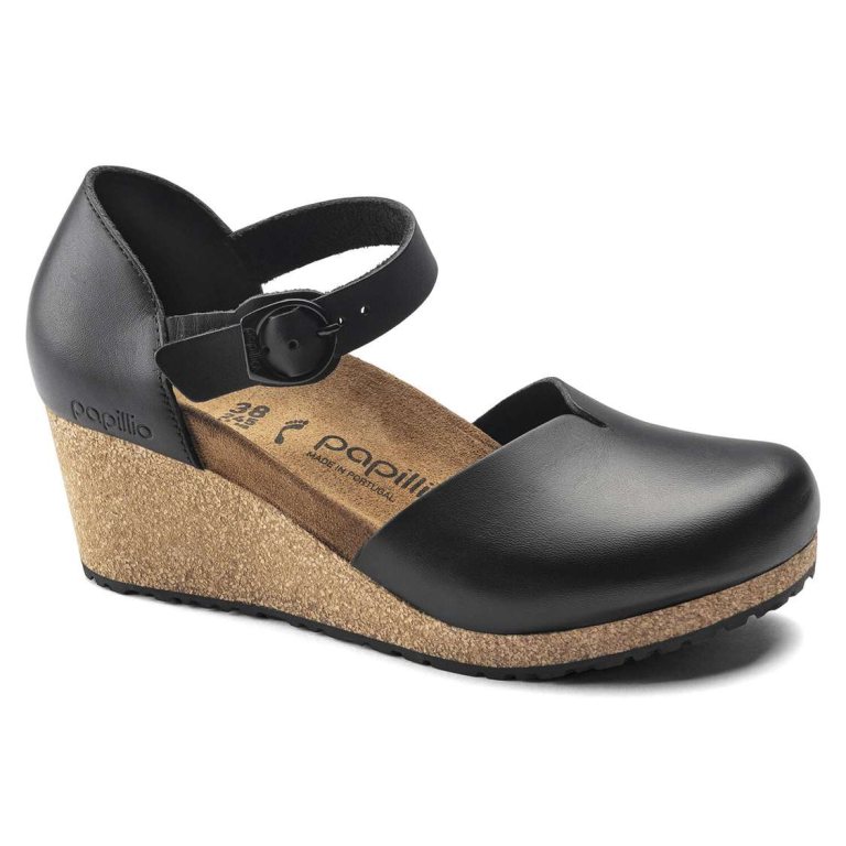 Birkenstock Mary Leather Wedges Sandals Black | dPPwbnY9slK