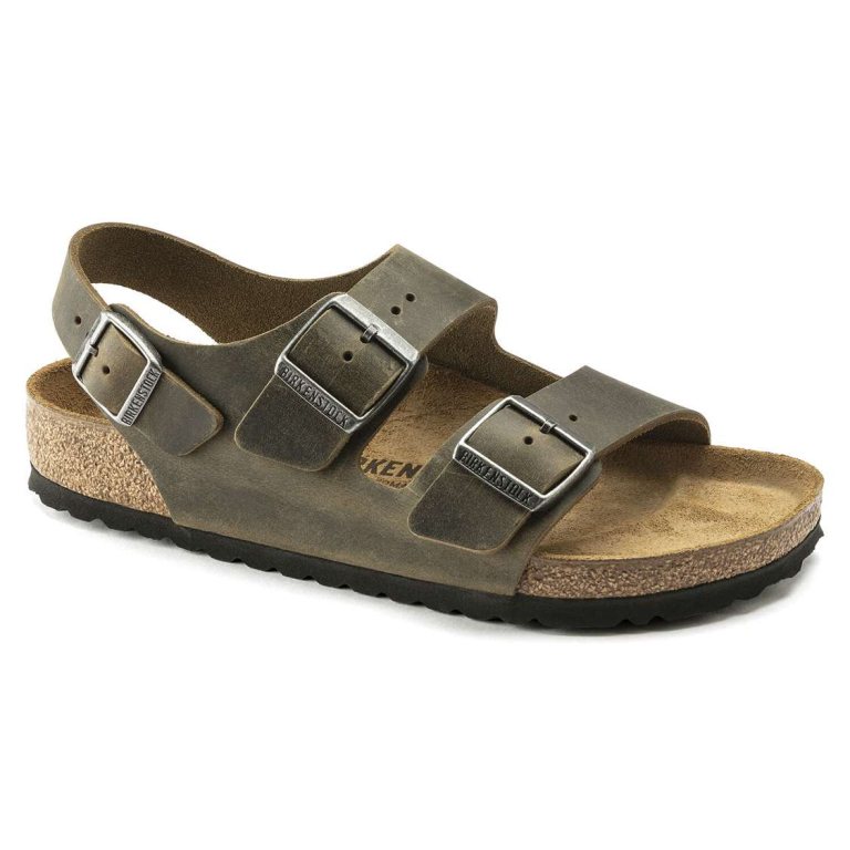 Birkenstock Milano Oiled Leather Back Strap Sandals Khaki | YOW6M3h2LZ5