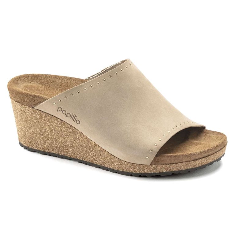 Birkenstock Namica Rivets Nubuck Leather Wedges Sandals Brown | eFUAk9Unwby