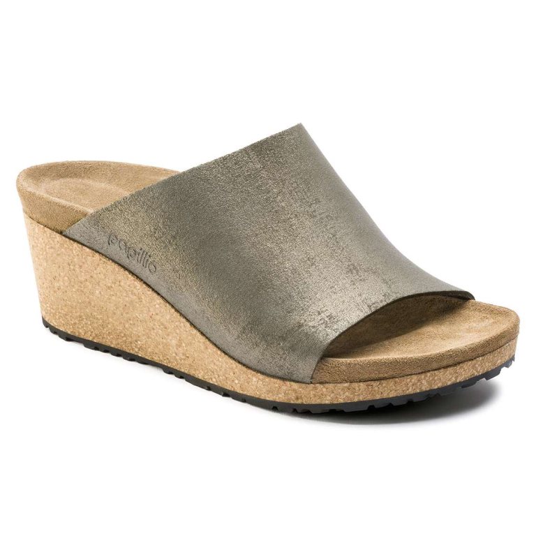 Birkenstock Namica Suede Leather Wedges Sandals Wash Grey Gold | virVXinqoFQ