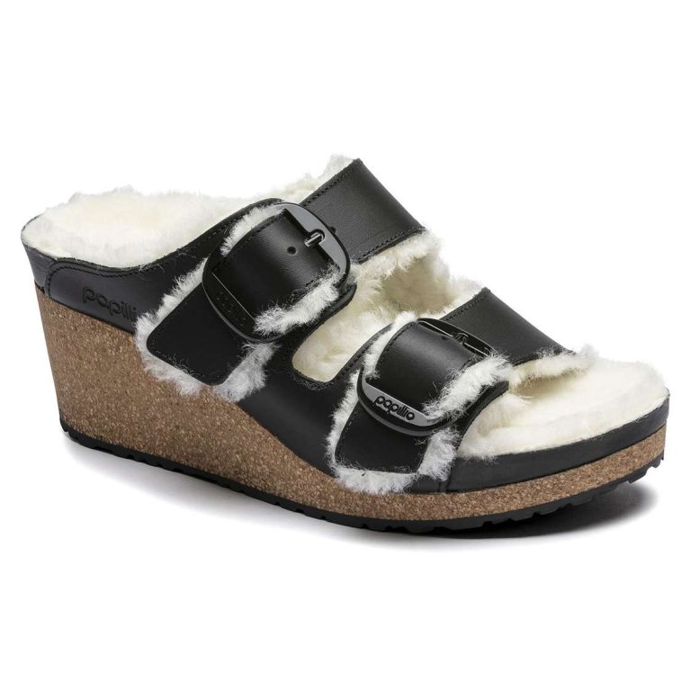 Birkenstock Nora Big Buckle Leather Wedges Sandals Black | 2wLKNujNDKg