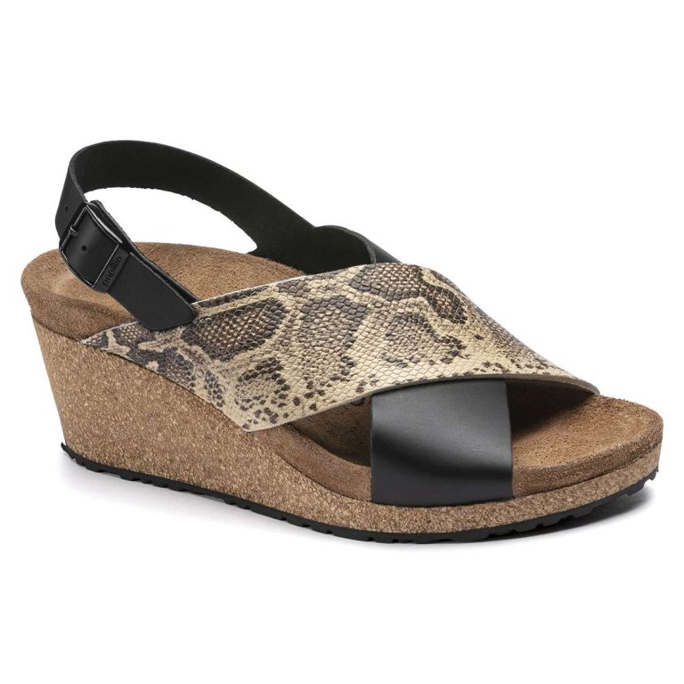 Birkenstock Samira Embossed Leather Two Strap Sandals Black / Snake Beige | 8AnMahfwnWk