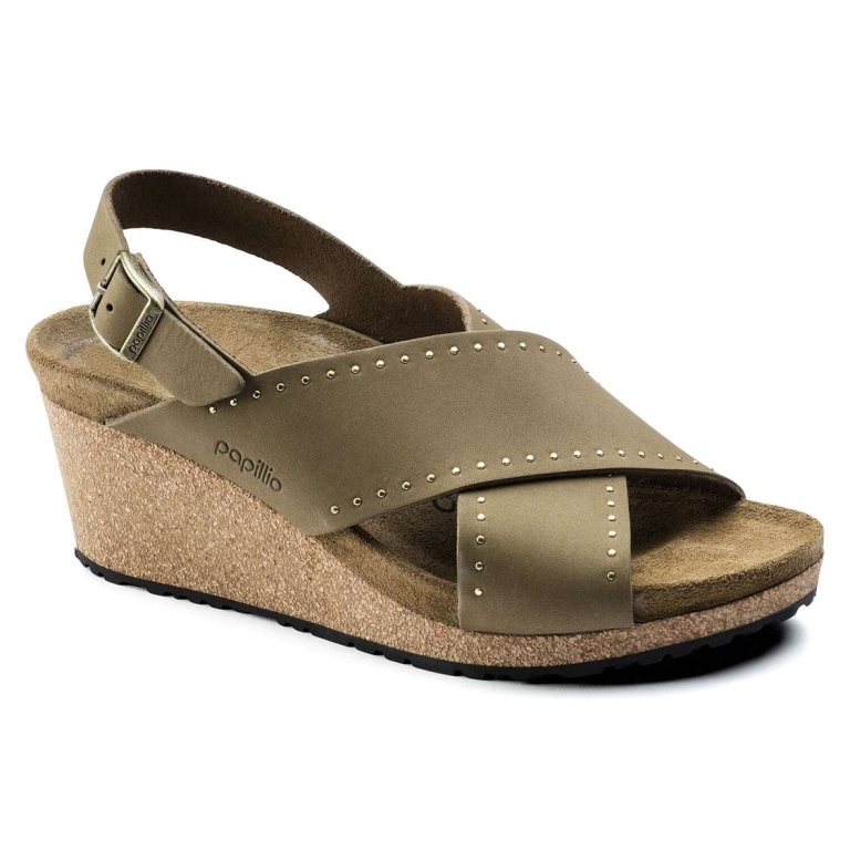 Birkenstock Samira Nubuck Leather Wedges Sandals Green | t9vS5UuL9JB