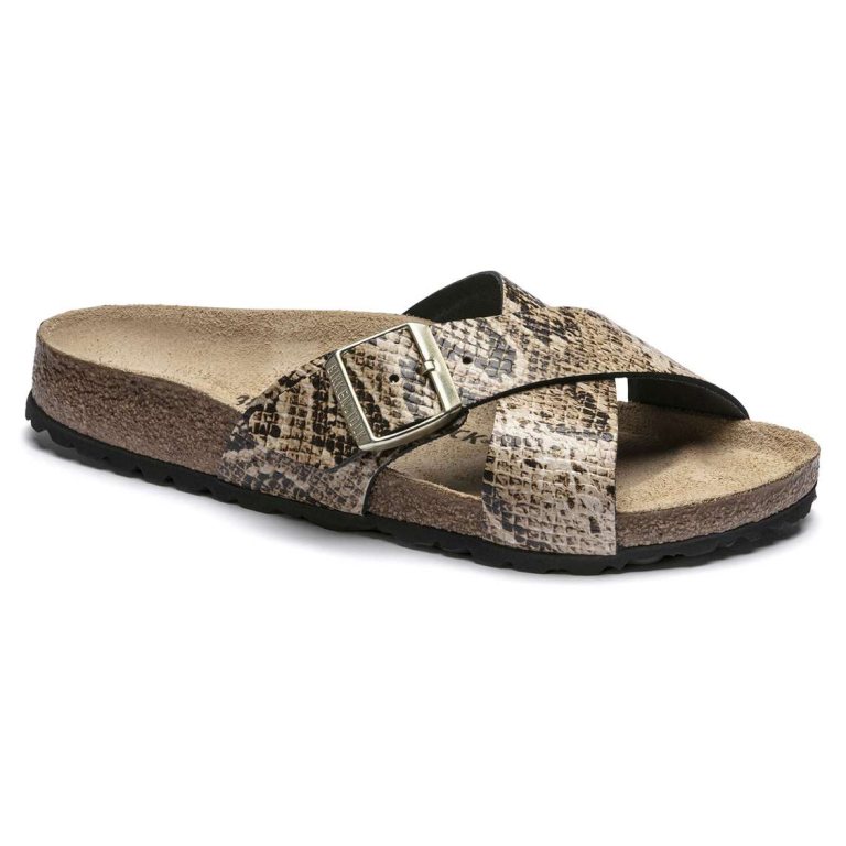 Birkenstock Siena Embossed Leather Two Strap Sandals Snake Beige | DlSAT2zwhZW