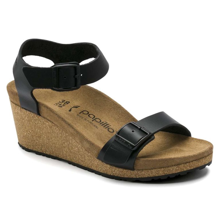 Birkenstock Soley Leather Two Strap Sandals Black | vnLwlfpr4Ou