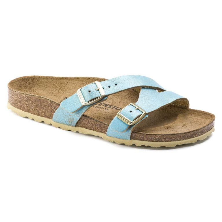 Birkenstock Yao Leather Two Strap Sandals Wash Light Turquoise | sC5t49I8gYG