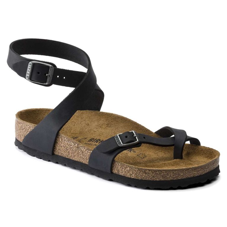 Birkenstock Yara Oiled Leather Ankle Strap Sandals Black | M2IRvMaejps