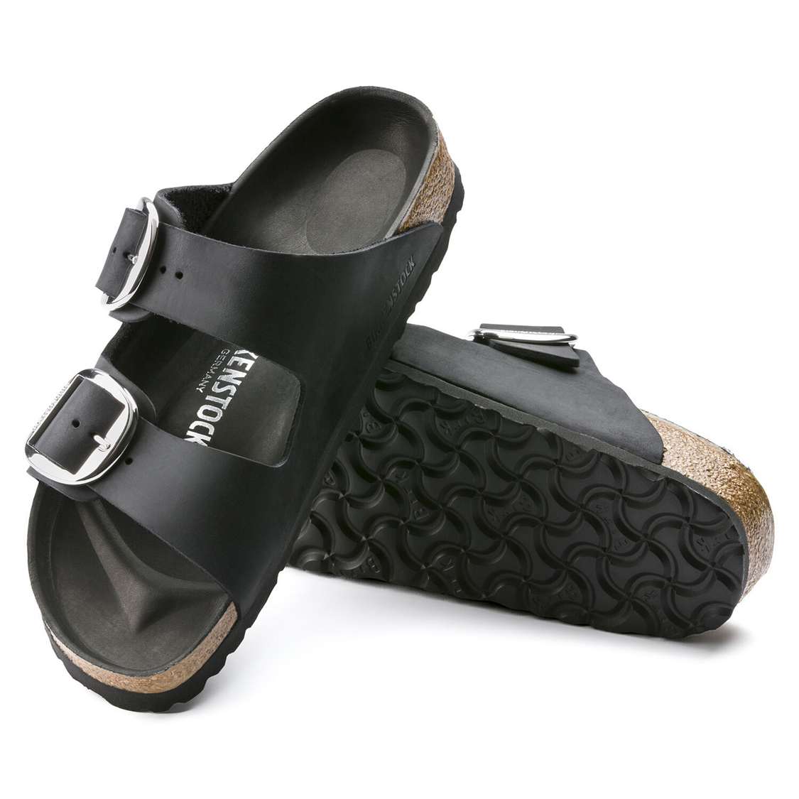 Birkenstock Arizona Big Buckle Oiled Leather Two Strap Sandals Black | pL8P36Nmtgb