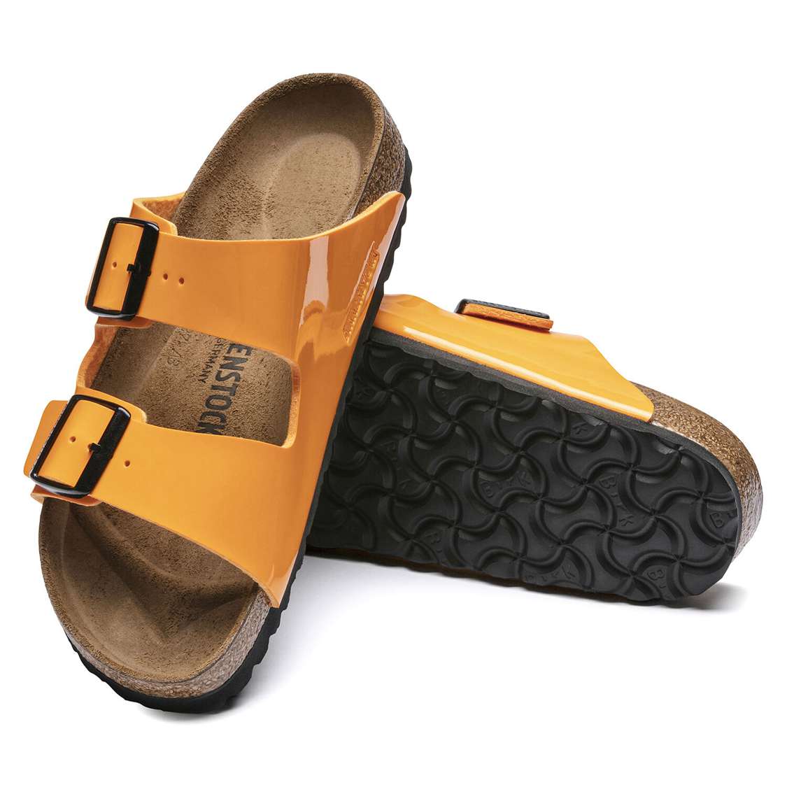 Birkenstock Arizona Birko-Flor Patent Two Strap Sandals Gold | X1MUcuCyP1l