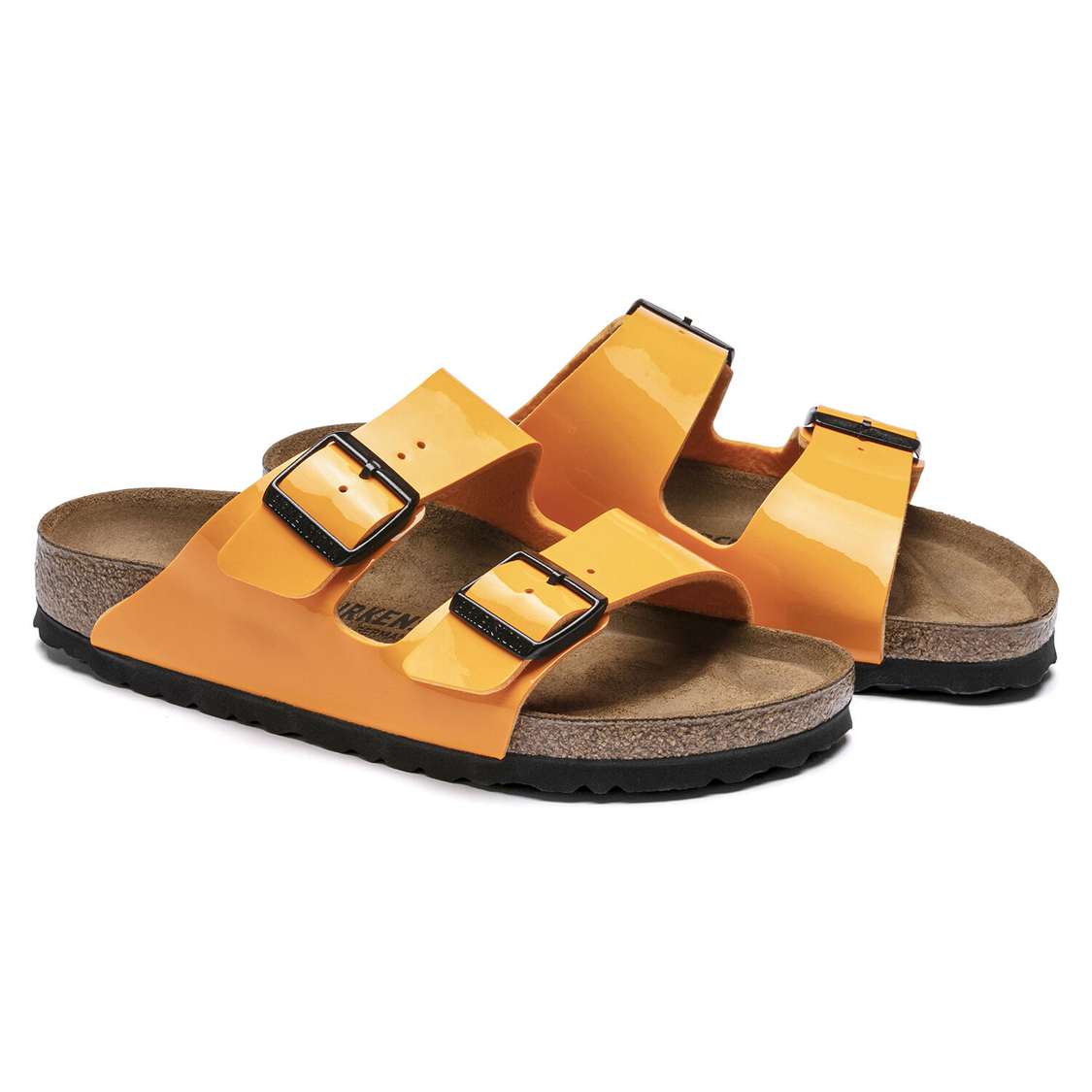 Birkenstock Arizona Birko-Flor Patent Two Strap Sandals Gold | X1MUcuCyP1l