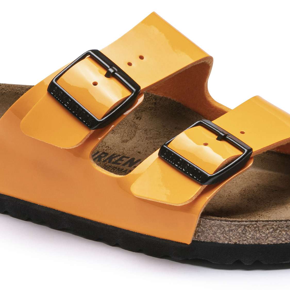 Birkenstock Arizona Birko-Flor Patent Two Strap Sandals Gold | X1MUcuCyP1l