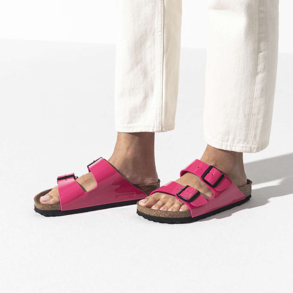 Birkenstock Arizona Birko-Flor Patent Two Strap Sandals Fuchsia | otxnKGsvHZH