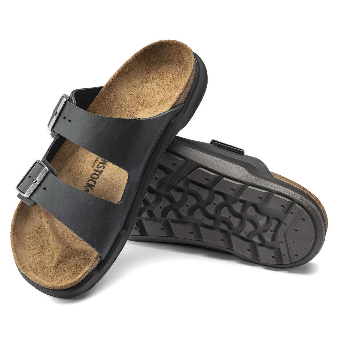 Birkenstock Arizona Cross Town Oiled Leather Two Strap Sandals Black | hNPJQAyfkNz