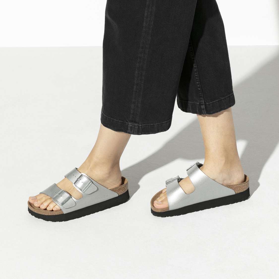 Birkenstock Arizona Platform Birko-Flor Two Strap Sandals Silver | MD8Hi2iBkFU