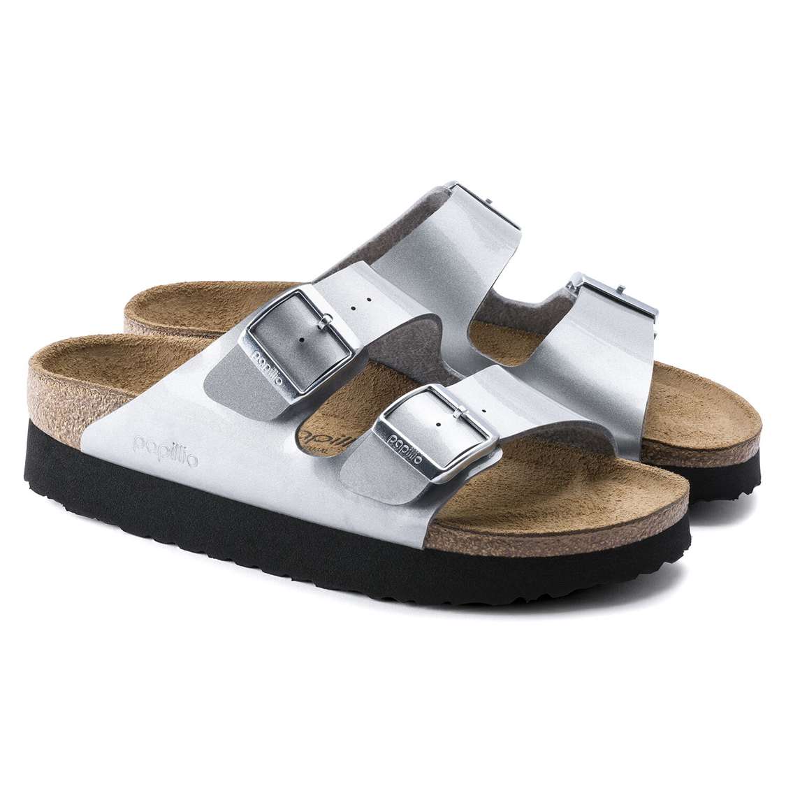 Birkenstock Arizona Platform Birko-Flor Two Strap Sandals Silver | MD8Hi2iBkFU