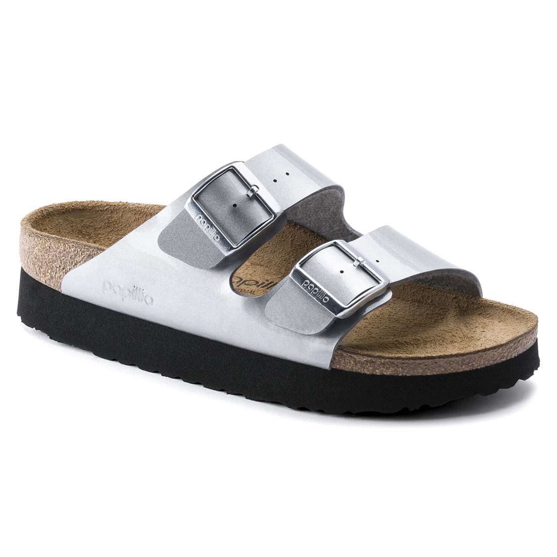 Birkenstock Arizona Platform Birko-Flor Two Strap Sandals Silver | MD8Hi2iBkFU