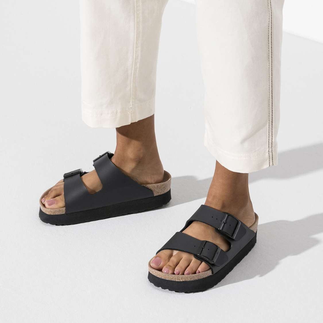 Birkenstock Arizona Platform Vegan Birko-Flor Two Strap Sandals Black | 4kyegWcCCaF