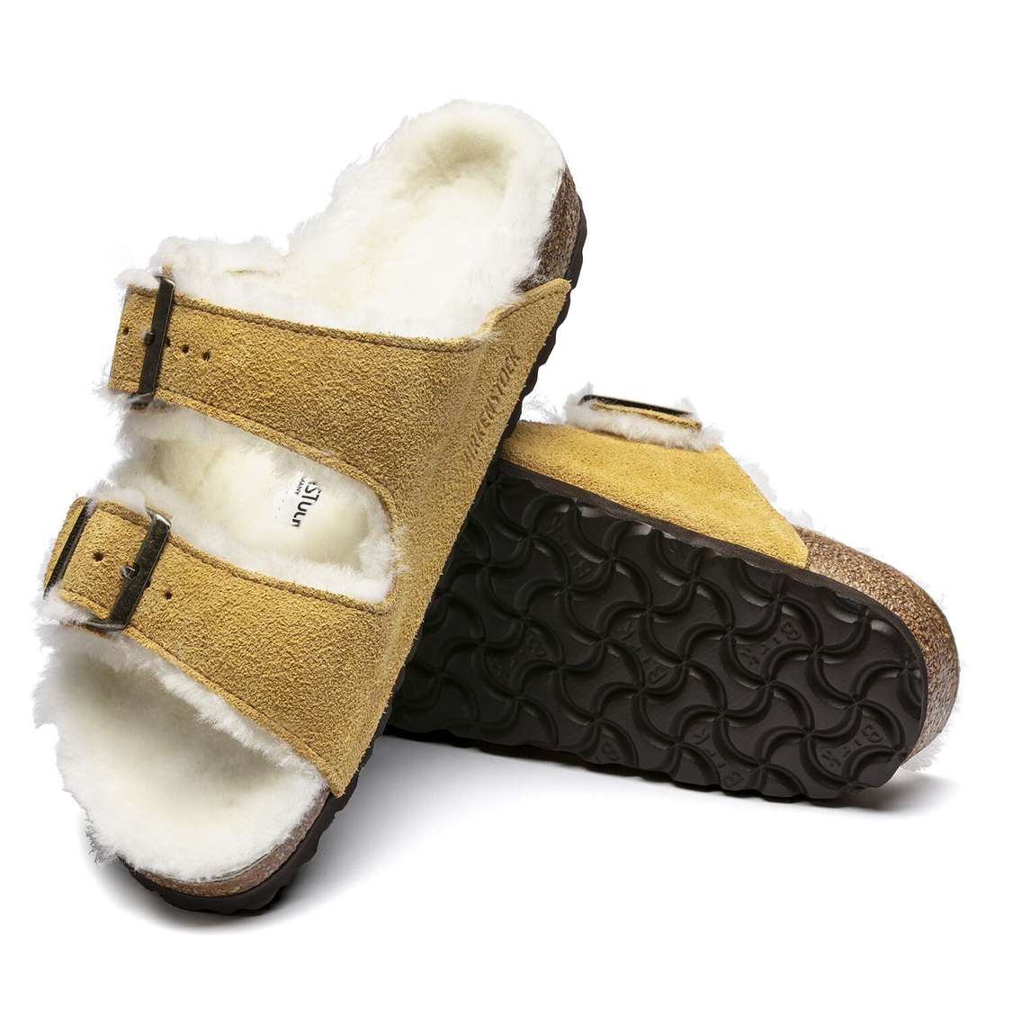 Birkenstock Arizona Shearling Suede Leather Two Strap Sandals Beige | ECSGqKDmAHU