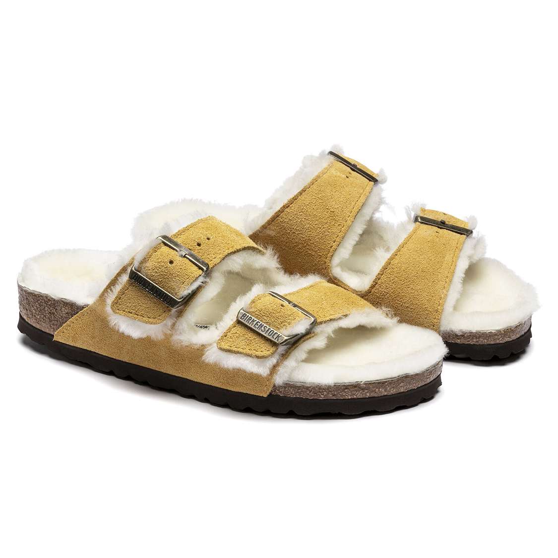 Birkenstock Arizona Shearling Suede Leather Two Strap Sandals Beige | ECSGqKDmAHU