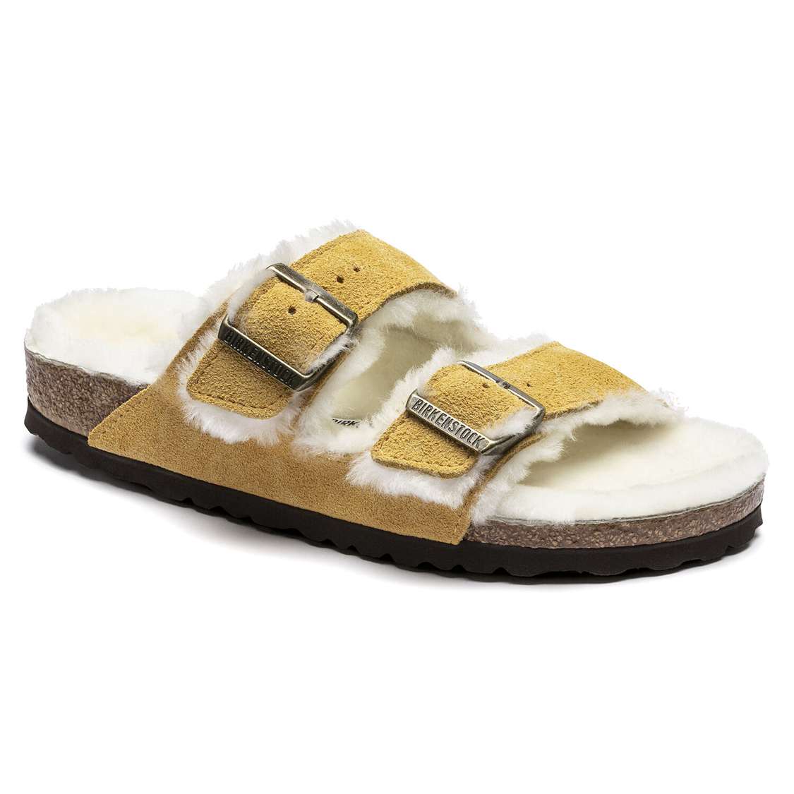 Birkenstock Arizona Shearling Suede Leather Two Strap Sandals Beige | ECSGqKDmAHU